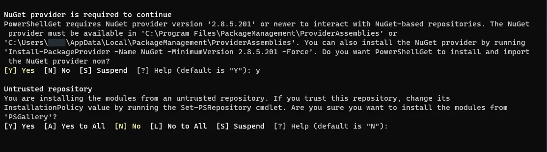 Screenshot of a confirmation dialog while installing posh-git and oh-my-posh.