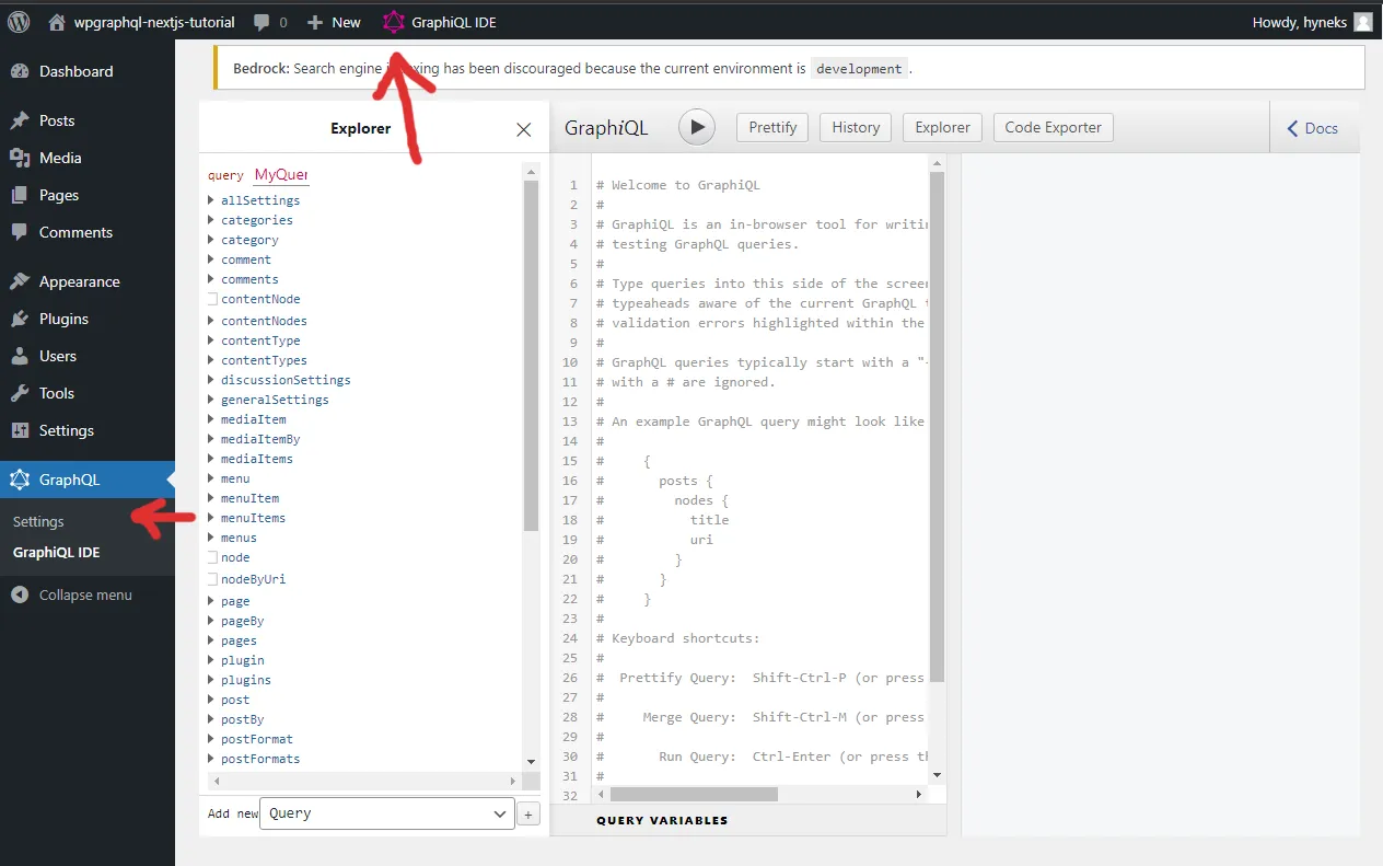Image of the WordPress admin pages after activating WP GraphQL plugin